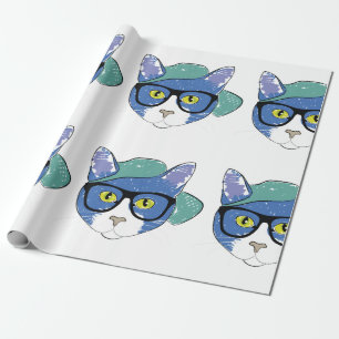 GELBE MIT AUGEN KATZE IN SCHWARZEN GLASEN UND GRÜN GESCHENKPAPIER