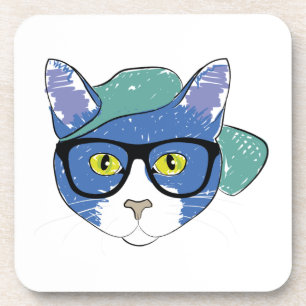 GELBE MIT AUGEN KATZE IN SCHWARZEN GLASEN UND GRÜN GETRÄNKEUNTERSETZER
