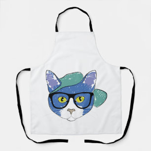GELBE MIT AUGEN KATZE IN SCHWARZEN GLASEN UND GRÜN SCHÜRZE