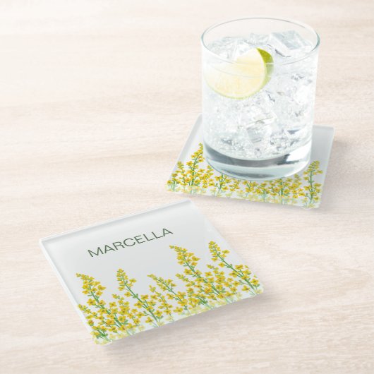 Gelbe, moderne Citrine Blumenblüten Glasuntersetzer (Schrägansicht)