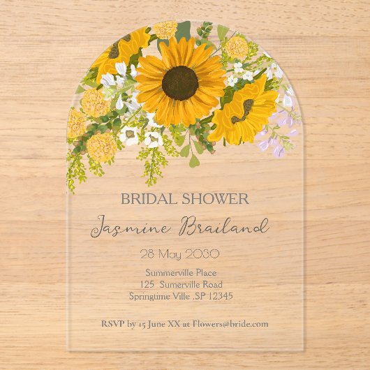 Gelbe moderne Sonnenblumen Bouquet-Brautparty Acryleinladungen (Vorderseite)