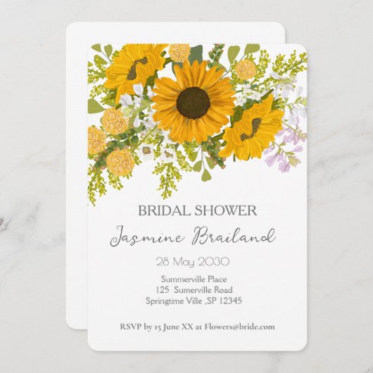 Gelbe moderne Sonnenblumen Bouquet-Brautparty Einladung (Vorne/Hinten)