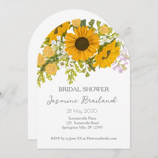 Gelbe moderne Sonnenblumen Bouquet-Brautparty Einladung (Vorne/Hinten)