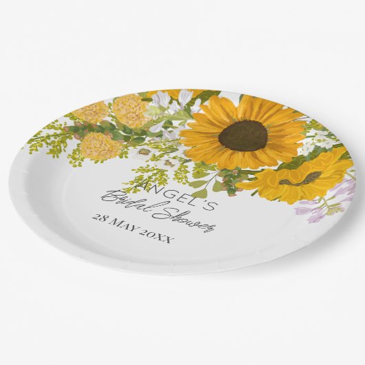 Gelbe moderne Sonnenblumen Bouquet-Brautparty Pappteller (Schrägansicht)
