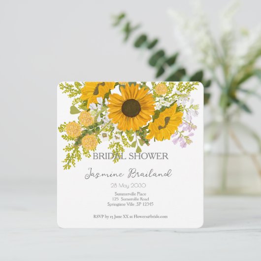 Gelbe moderne Sonnenblumen Bouquet-Brautparty Save The Date (Stehend Vorderseite)