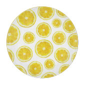 Gelbe, moderne Zitronenscheiben, frische Früchte Schneidebrett (Vorderseite)