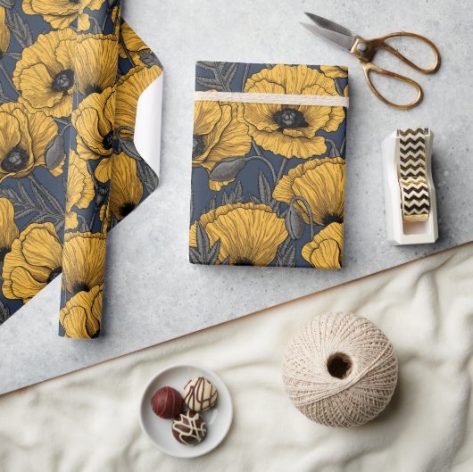Gelbe Mohn auf der Marine Geschenkpapier (Basteln)