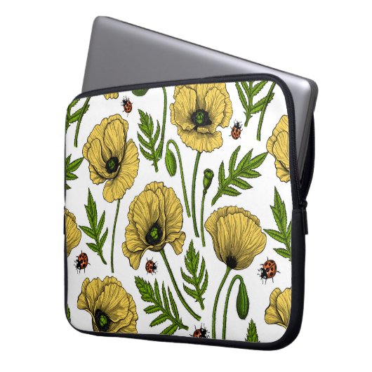 Gelbe Mohn und Ladybugs Laptopschutzhülle (Vorderseite Links)