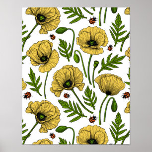 Gelbe Mohn und Ladybugs Poster