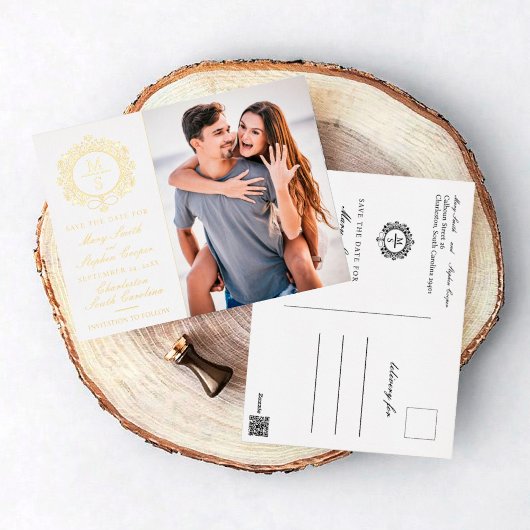Gelbe Monogramm-Foto Save the Date Postkarten