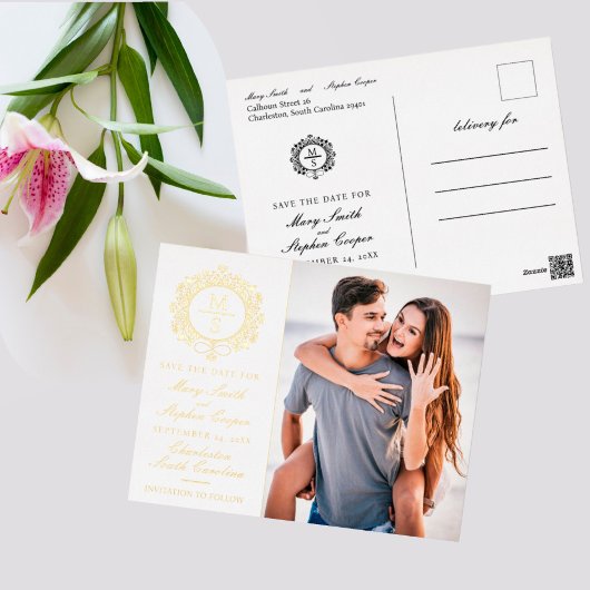 Gelbe Monogramm-Foto Save the Date Postkarten