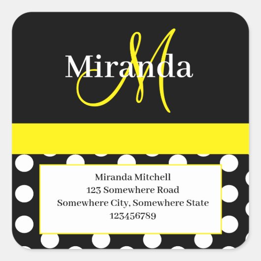 Gelbe Monogramm Weißpolka-Dot-Rücksendeadresse Quadratischer Aufkleber (Vorderseite)