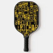 Gelbe Namen über schwarz Pickleball Schläger (Rückseite)
