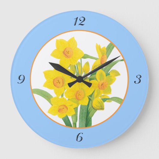 Gelbe Narzissen auf blauen Blumenzahlen der uhr-4 Große Wanduhr (Vorderseite)