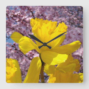 Gelbe Narzissen-Blumen-Wand-Uhr-rosa Blüten Quadratische Wanduhr