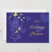 Gelbe Navy Vögel öffnen Käfig Hochzeit RSVP Einladung (Vorderseite)