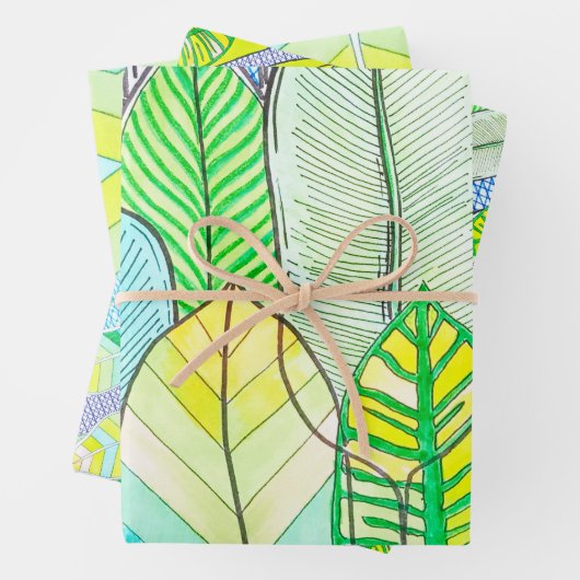 Gelbe Niedliche moderne tropische Boho-Blätter Geschenkpapier Set (Beispiel)