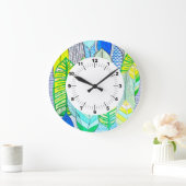 Gelbe Niedliche moderne tropische Boho-Blätter Große Wanduhr (Zuhause)