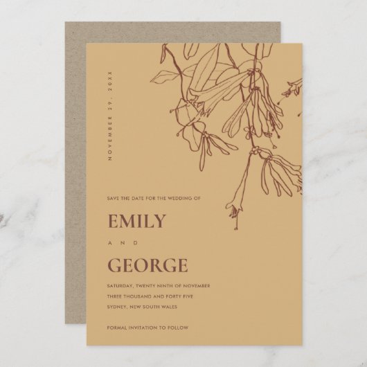 GELBE OCHRE-LINIE ZEICHNEND FLORA-SAVE THE DATE-KA DANKESKARTE (Vorne/Hinten)