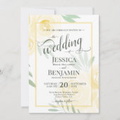 Gelbe oder goldene Boho-Rosen stilvolle Schrift Ho Einladung (Vorderseite)