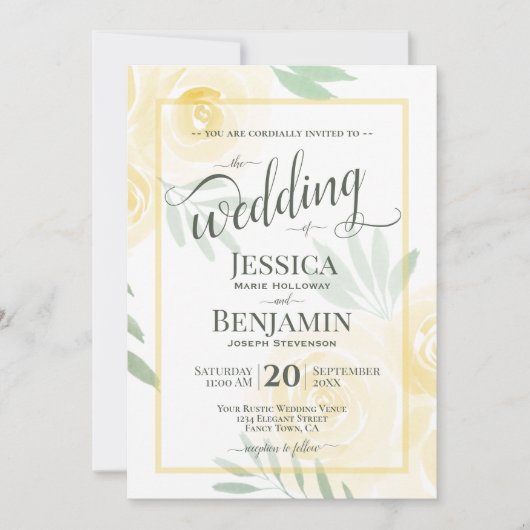 Gelbe oder goldene Boho-Rosen stilvolle Schrift Ho Einladung (Vorderseite)
