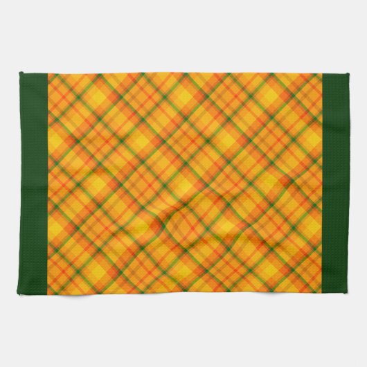 Gelbe Orange Gingham Karierte grüne Grenzen Geschirrtuch (Horizontal)