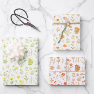 Gelbe, orange, pfirsichfarbene Wildblumen, Weiß Geschenkpapier Set