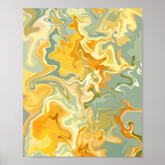 Gelbe, orange und grüne abstrakte Fluidkunst Poster (Vorne)
