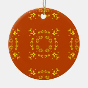 Gelbe, orangefarbene florale Damastmuster im Retro Keramik Ornament