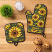 Gelbe Orangenblüte mit Grün und Braun Ofenhandschuh & Topflappen-Set (Oben Unten)