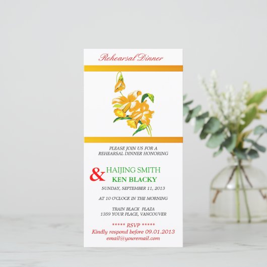 Gelbe Orchidee Probe Abendessen Einladung (Stehend Vorderseite)
