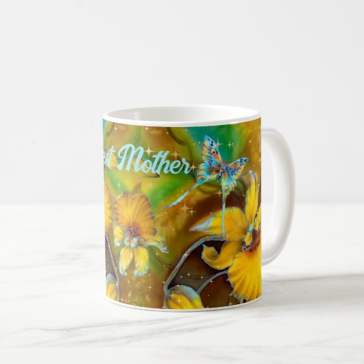 Gelbe Orchideen Magische Glitzern Stars Grün Kaffeetasse (VorderseiteRechts)