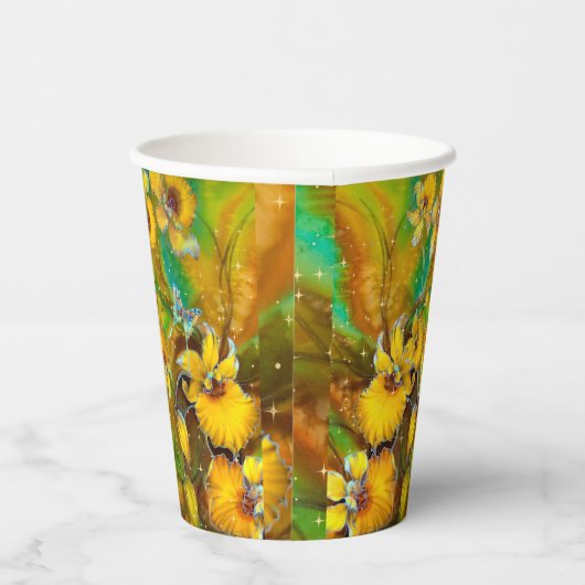 Gelbe Orchideen Magische Glitzern Stars Grün Pappbecher (Rechts)