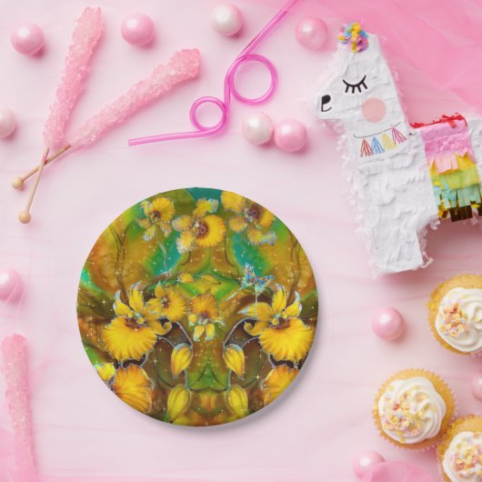 Gelbe Orchideen Magische Glitzern Stars Grün Pappteller (Party)