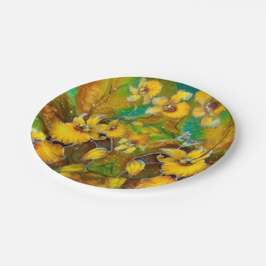 Gelbe Orchideen Magische Glitzern Stars Grün Pappteller (Schrägansicht)