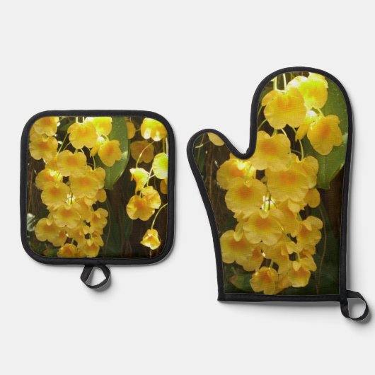 Gelbe Orchideen - tropische Blume Ofenhandschuh & Topflappen-Set (Vorderseite)