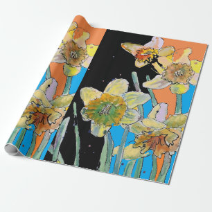 Gelbe Osterglocke Blaue Frühlingsblumen Aquarell Geschenkpapier