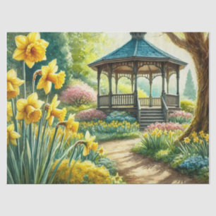 Gelbe Osterglocken im Frühling mit Gartenlaube Seidenpapier