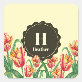 Gelbe Papageientuppe Floral Monogramm Quadratischer Aufkleber