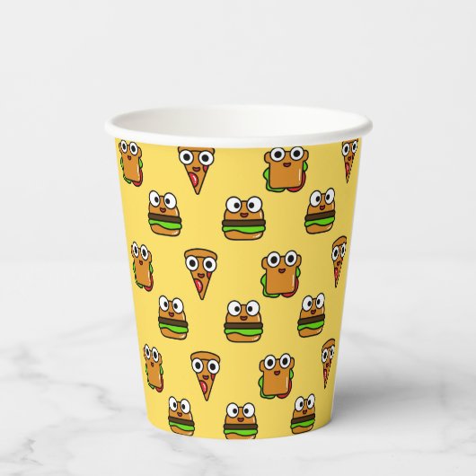 Gelbe Papiertassen mit niedlichem, farbenfrohen Fa Pappbecher (Rückseite)