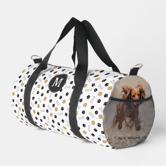 Gelbe Paws Knochen Ball Dog Foto & Monogramm Duffle Bag (Rechte Ecke)