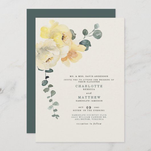 Gelbe Peonies Aquamarin & Cream Wedding Bride Elte Einladung (Vorne/Hinten)