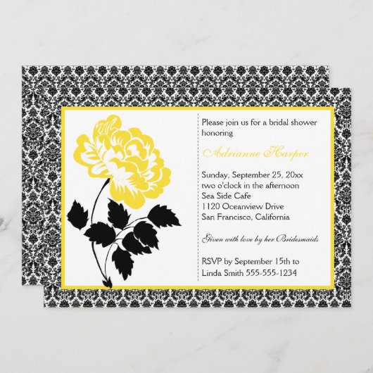 Gelbe Peppe mit schwarzem Damast-Brautparty Einladung (Vorne/Hinten)