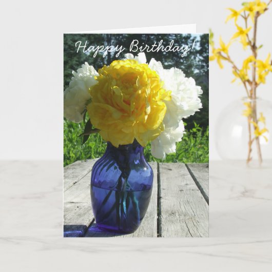 Gelbe Pfingstrosen in der blauen Vasen-alles- Gute Karte (Gelbe Blume)