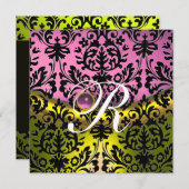 GELBE PINK LAVENER SCHWARZES DAMASK-MONOGRAMM EINLADUNG (Vorne/Hinten)