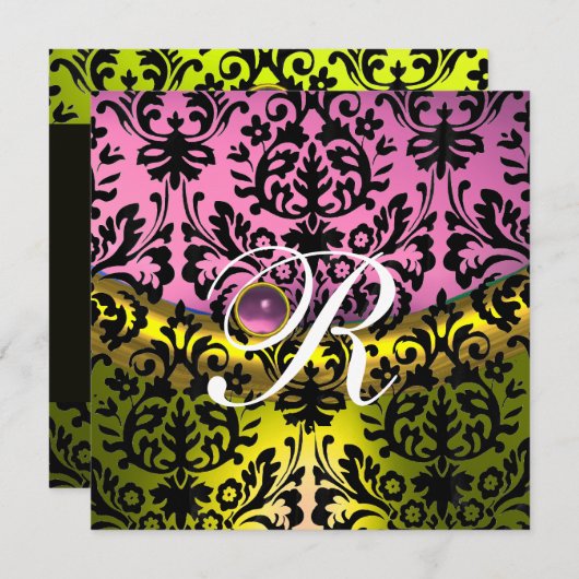 GELBE PINK LAVENER SCHWARZES DAMASK-MONOGRAMM EINLADUNG (Vorne/Hinten)