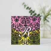 GELBE PINK LAVENER SCHWARZES DAMASK-MONOGRAMM EINLADUNG (Stehend Vorderseite)