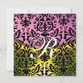 GELBE PINK LAVENER SCHWARZES DAMASK-MONOGRAMM EINLADUNG (Vorderseite)