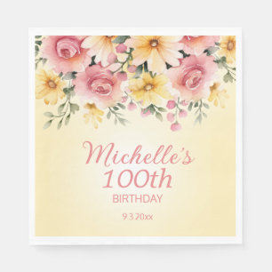 Gelbe Pink Spring Floral 100. Geburtstag Serviette