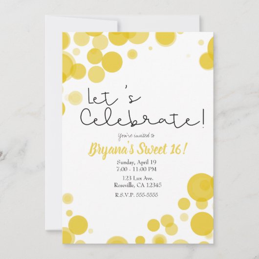 Gelbe Polka-Dot-Blasen Feiern wir Party Einladung (Vorderseite)